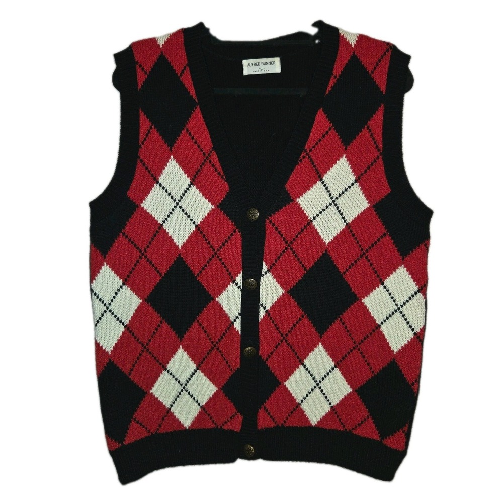 Vintage Womens Sweater Vest Black Red Large Button Made In USA Preppy Grandpa